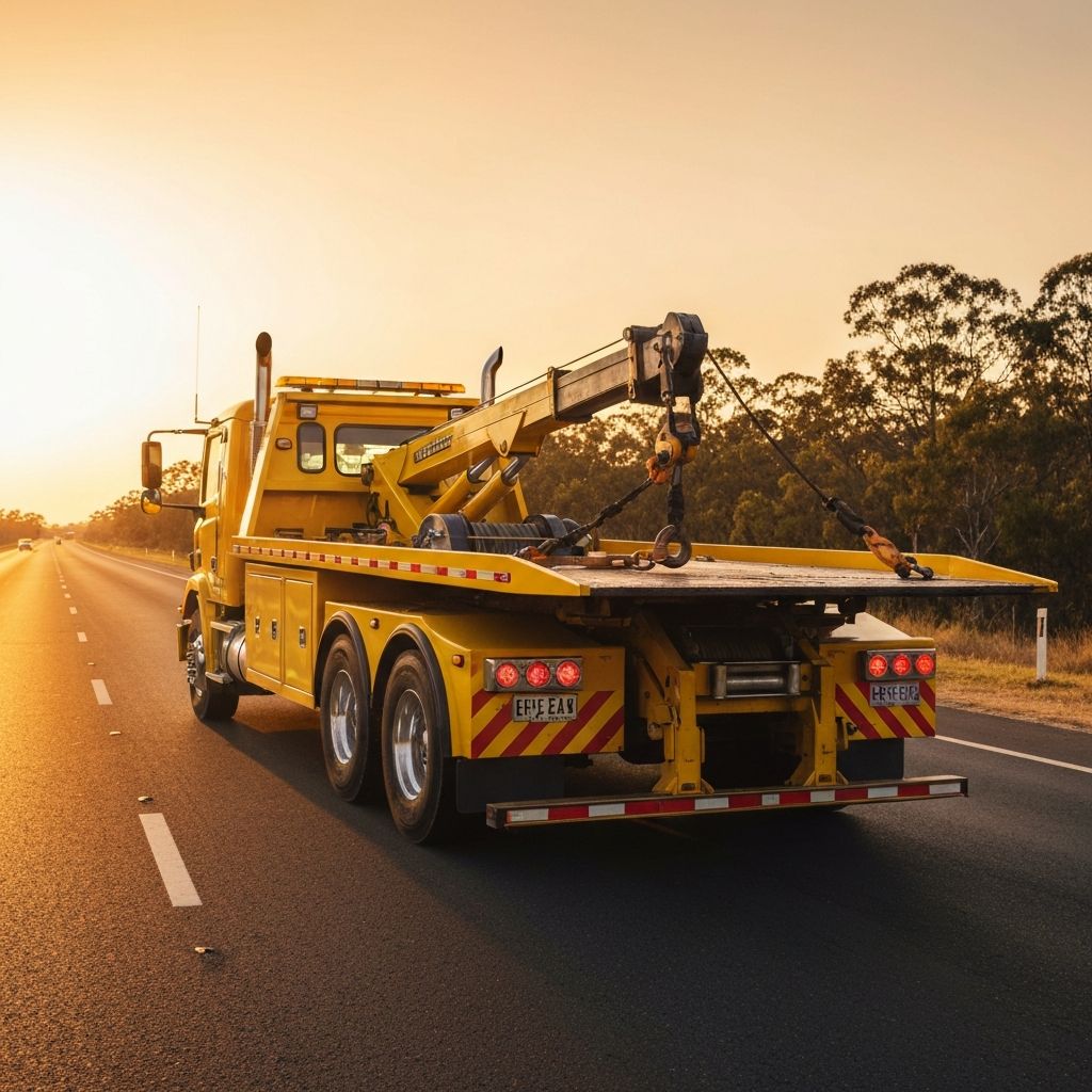 Tow truck recovering a vehicle at the roadside in Queensland at golden hour