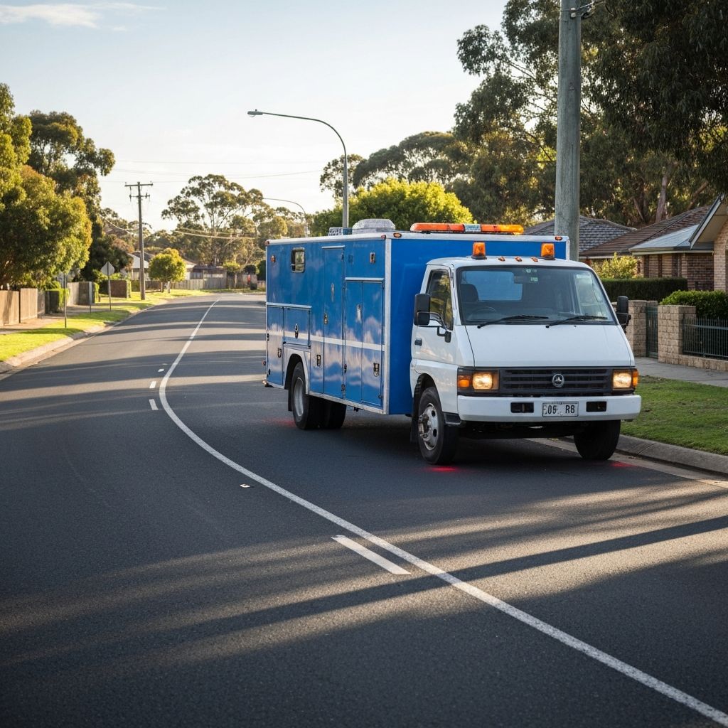 Roadside assistance truck with hazard lights on suburban Australian road