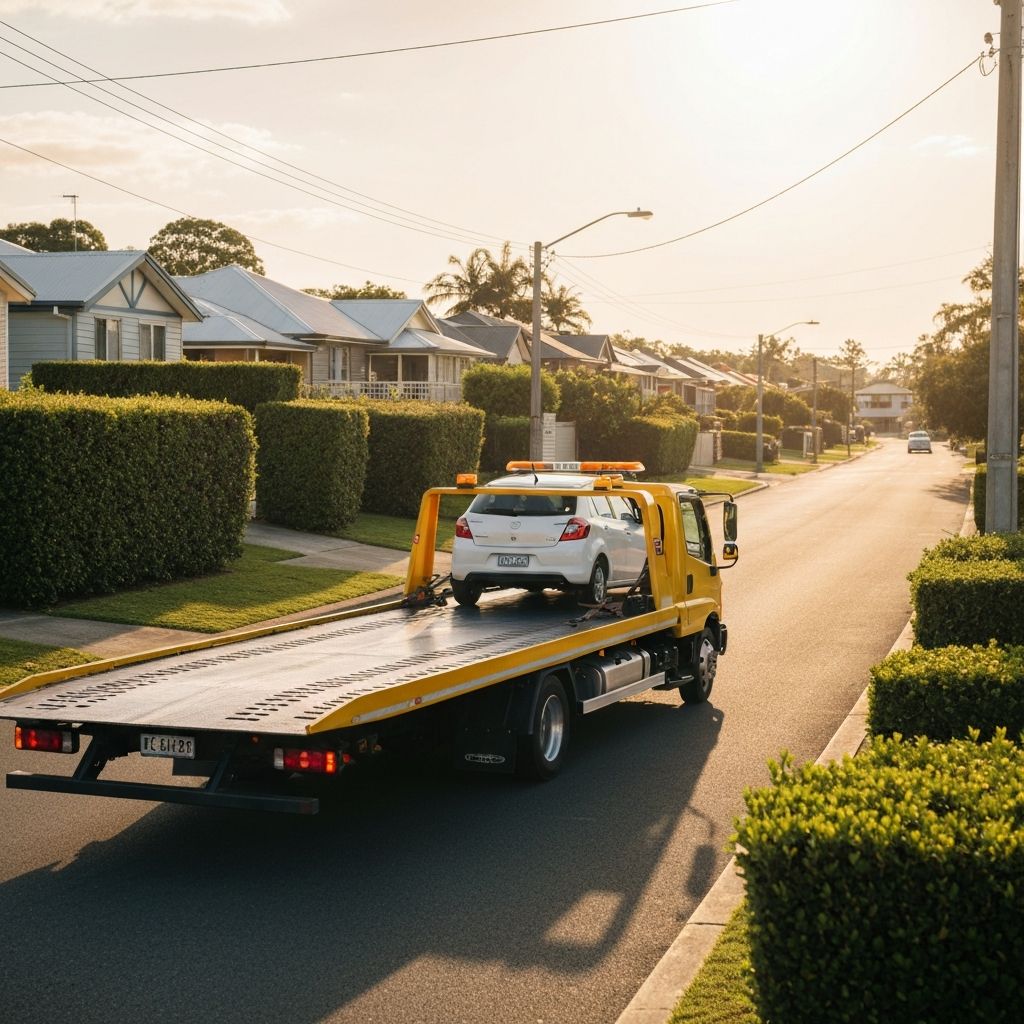 Flatbed tow truck transporting a car on a Queensland road